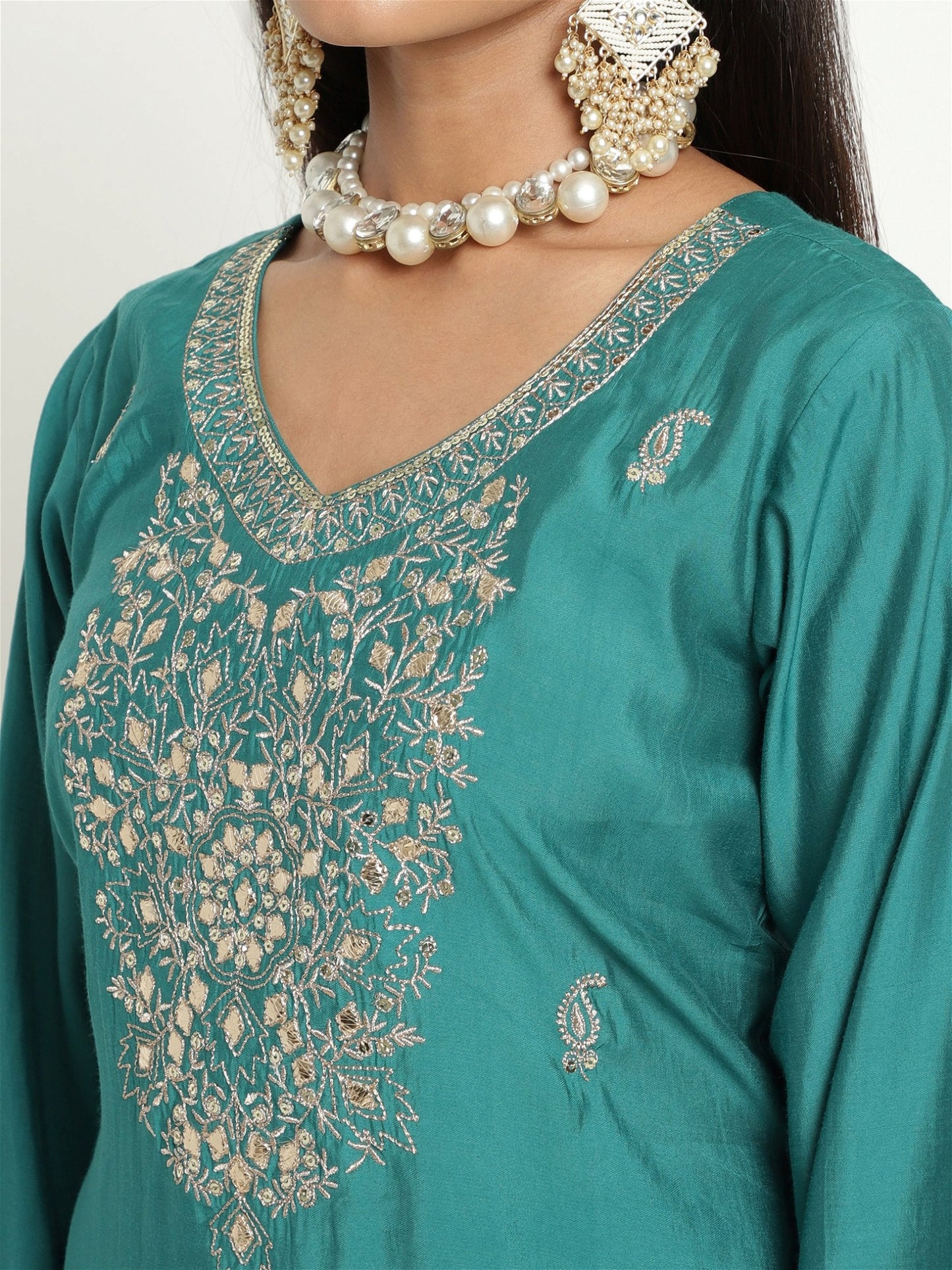 Green Colour Blend Silk Embroidery Work Party Wear Kurta Pant Dupatta Set For Women's