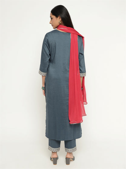 Grey Colour Blend Silk Embroidery Work Party Wear Kurta Pant Dupatta Set For Women's