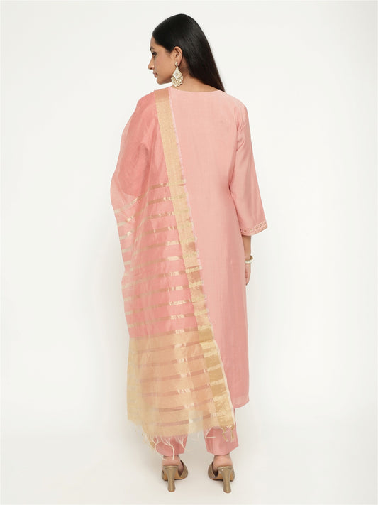 Pink Colour Blend Silk Embroidery Work Party Wear Kurta Pant Dupatta Set For Women's