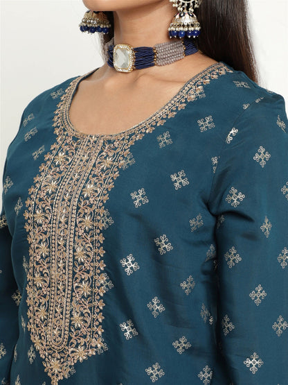 Blue Colour Blend Silk Embroidery Work Party Wear Kurta Pant Dupatta Set For Women's