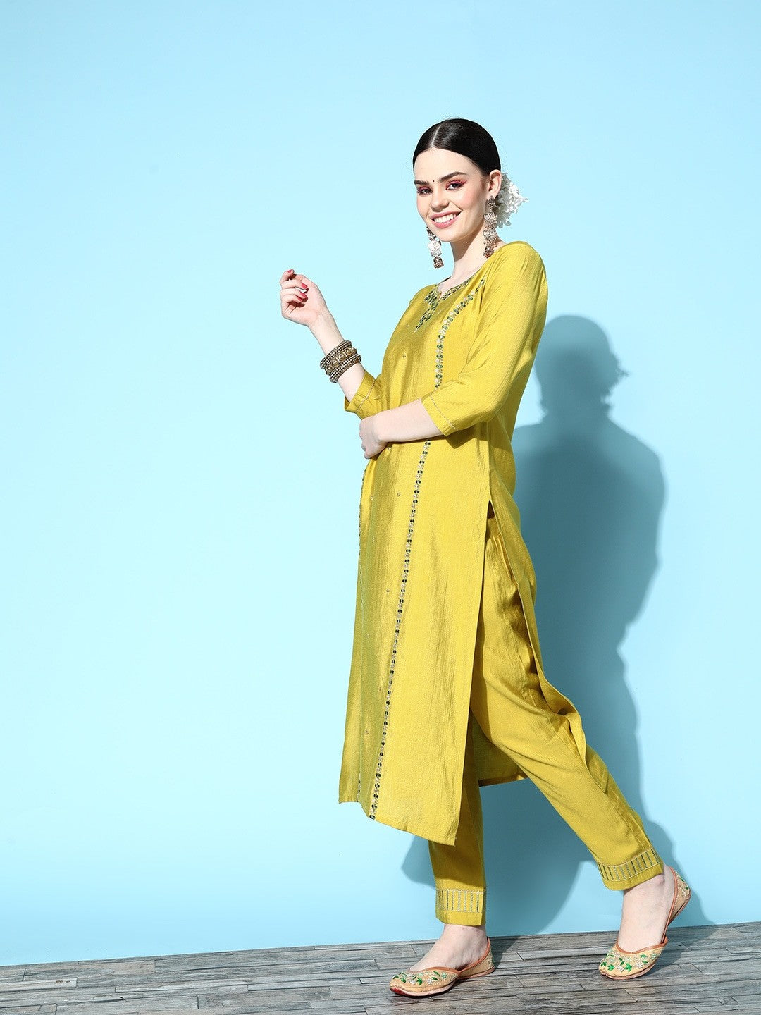 Lemon Party Wear Embroidery Worked Kurta With Pant And Duppata Set