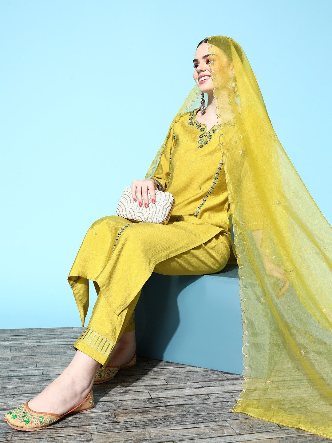 Lemon Party Wear Embroidery Worked Kurta With Pant And Duppata Set