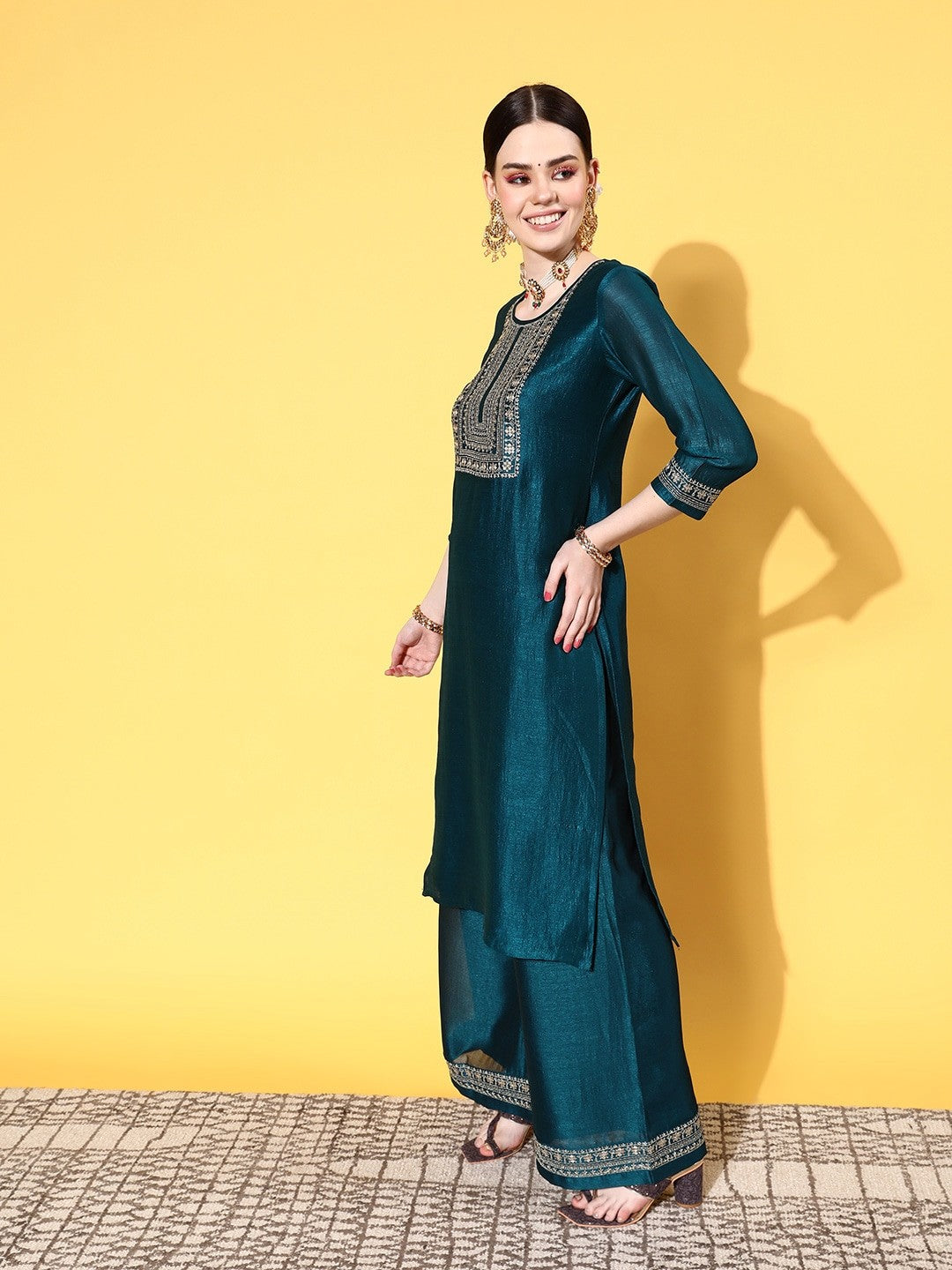 Pestal Green Party Wear Embroidery Worked Kurta With Pant And Duppata Set