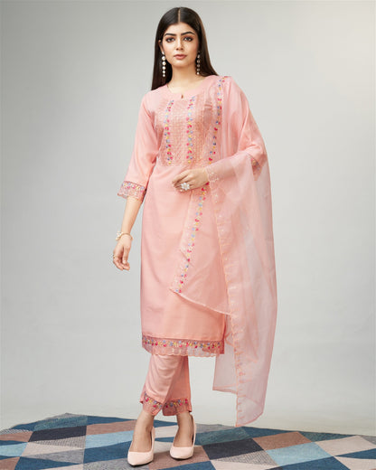 Peach Party Wear Embroidery Worked Kurta With Pant And Duppata Set