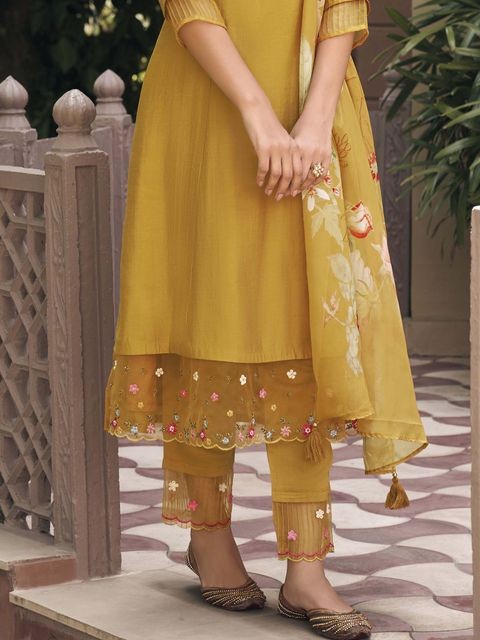 Musterd Party Wear Embroidery Worked Kurta With Pant And Duppata Set