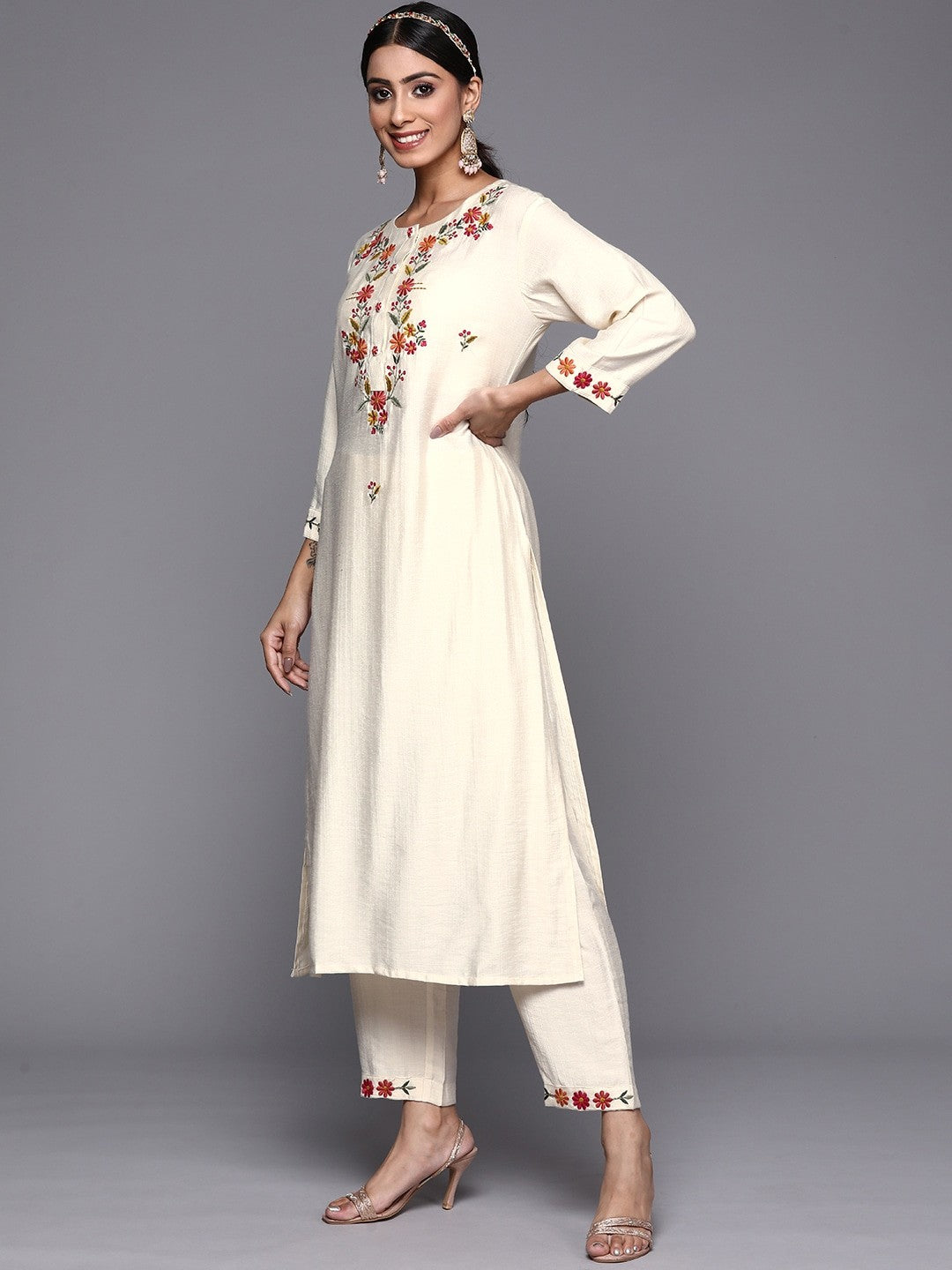 Off White Party Wear Embroidery Worked Kurta With Pant And Duppata Set