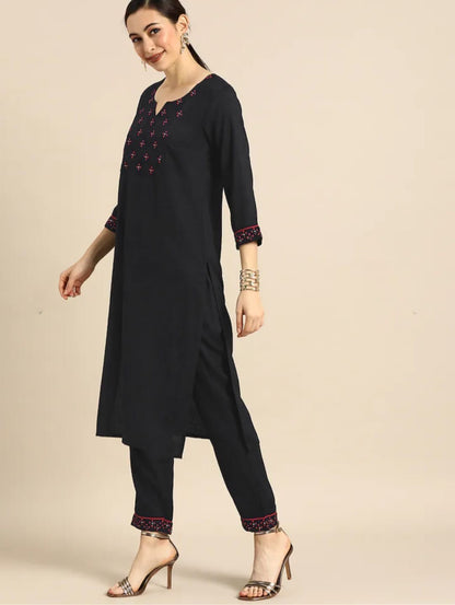 Black Party Wear Embroidery Worked Kurta With Pant And Duppata Set