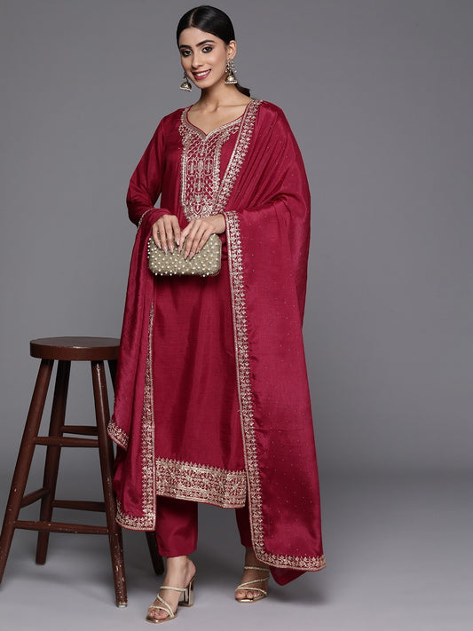 Marron Party Wear Embroidery Worked Kurta With Pant And Duppata Set