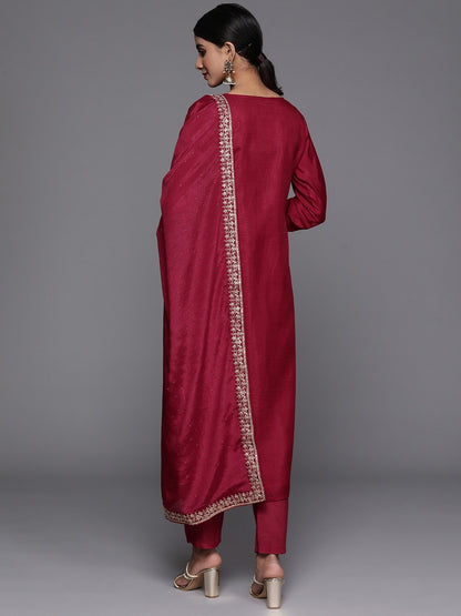 Marron Party Wear Embroidery Worked Kurta With Pant And Duppata Set