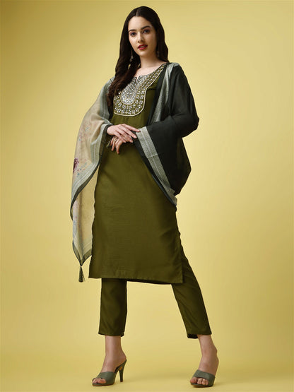 Green Party Wear Embroidery Worked Kurta With Pant And Duppata Set