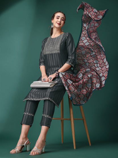 Grey Party Wear Embroidery Worked Kurta With Pant And Duppata Set
