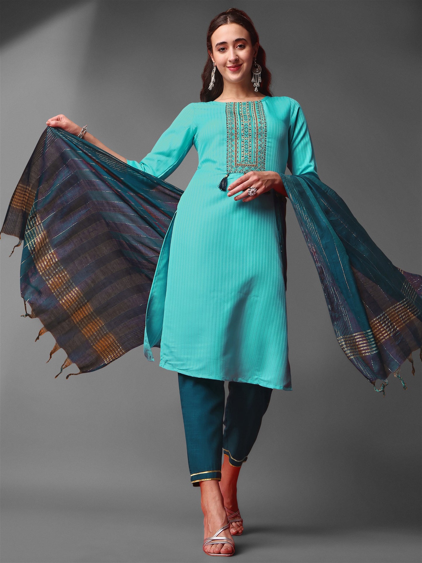 Sky Blue Party Wear Embroidery Worked Kurta With Pant And Duppata Set