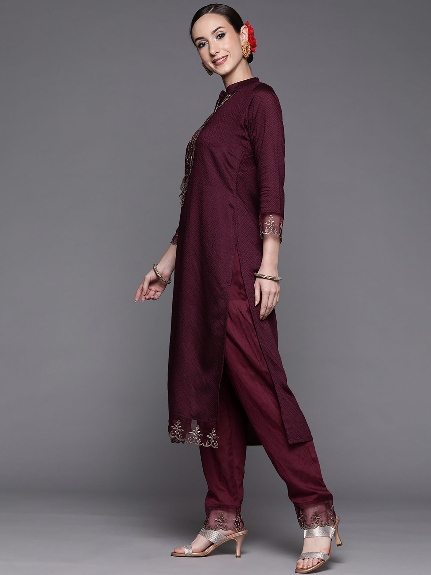 Wine Party Wear Embroidery Worked Kurta With Pant And Duppata Set