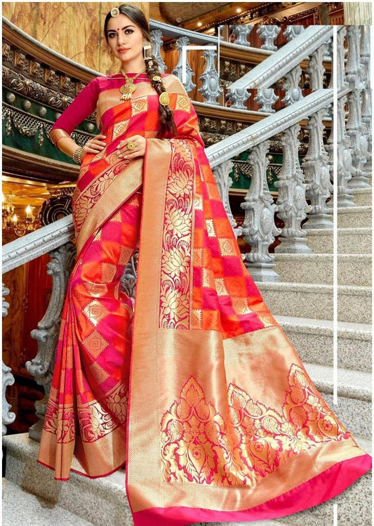 Pink and Red Beautiful Rich Pallu and Jacquard Soft Silk Saree