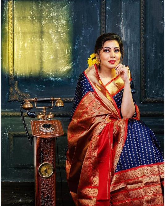 Bule and Red Soft Lichi Silk Saree