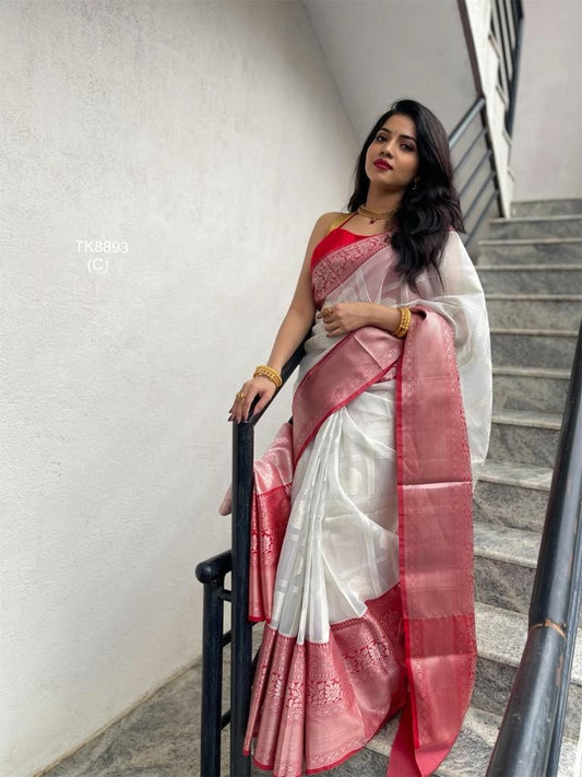 Festive Wear Soft Silk White Jacquard Weaving Saree