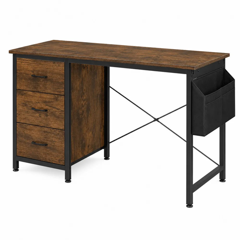 Scrivania rettangolare con 3 cassetti e organizer laterale in tessuto piano in truciolare effetto legno struttura in acciaio nero 120 x 60 x 75 cm