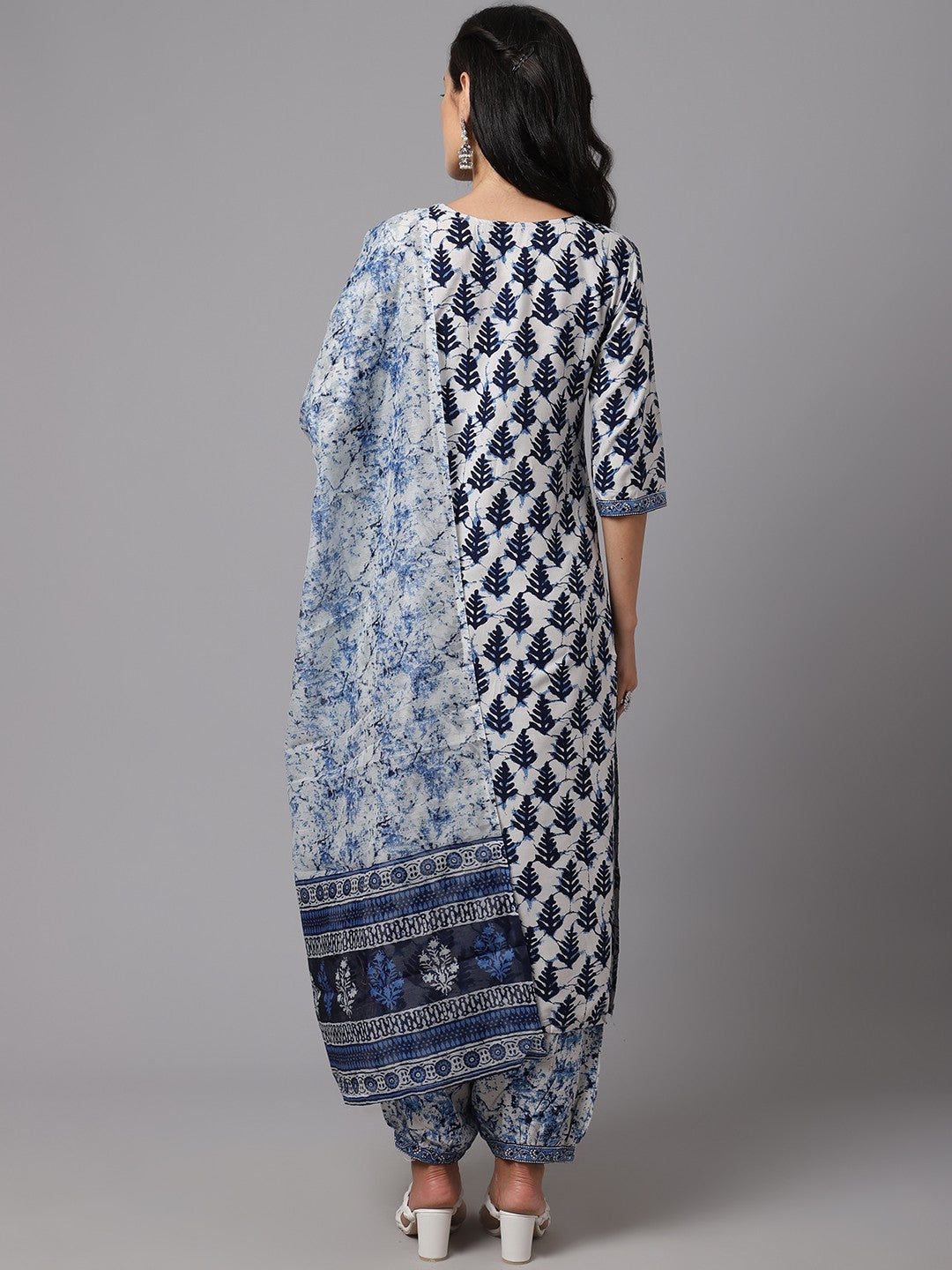 Blue and White Printed Fancy Kurti With Bottom Dupatta set