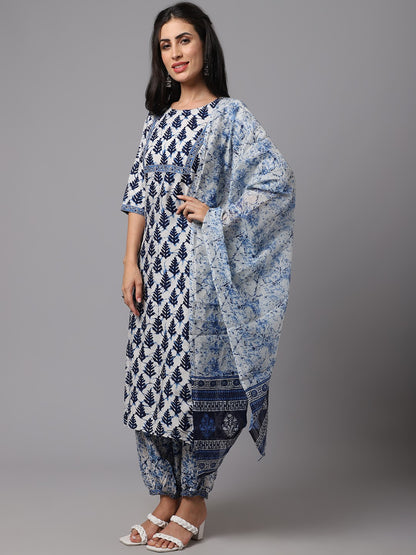 Blue and White Printed Fancy Kurti With Bottom Dupatta set