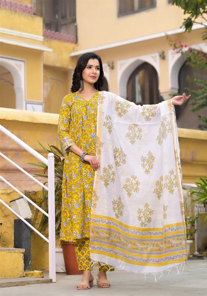 Block Printed Kurta and Pant Set with Dupatta in Yellow Color for Women