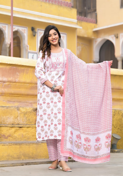 Pink and White Color Straight Kurta set with Dupatta and pant