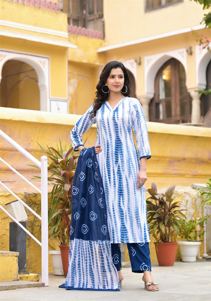 White and Blue Color Tie Die printed Kurta set with Bottom and Dupatta
