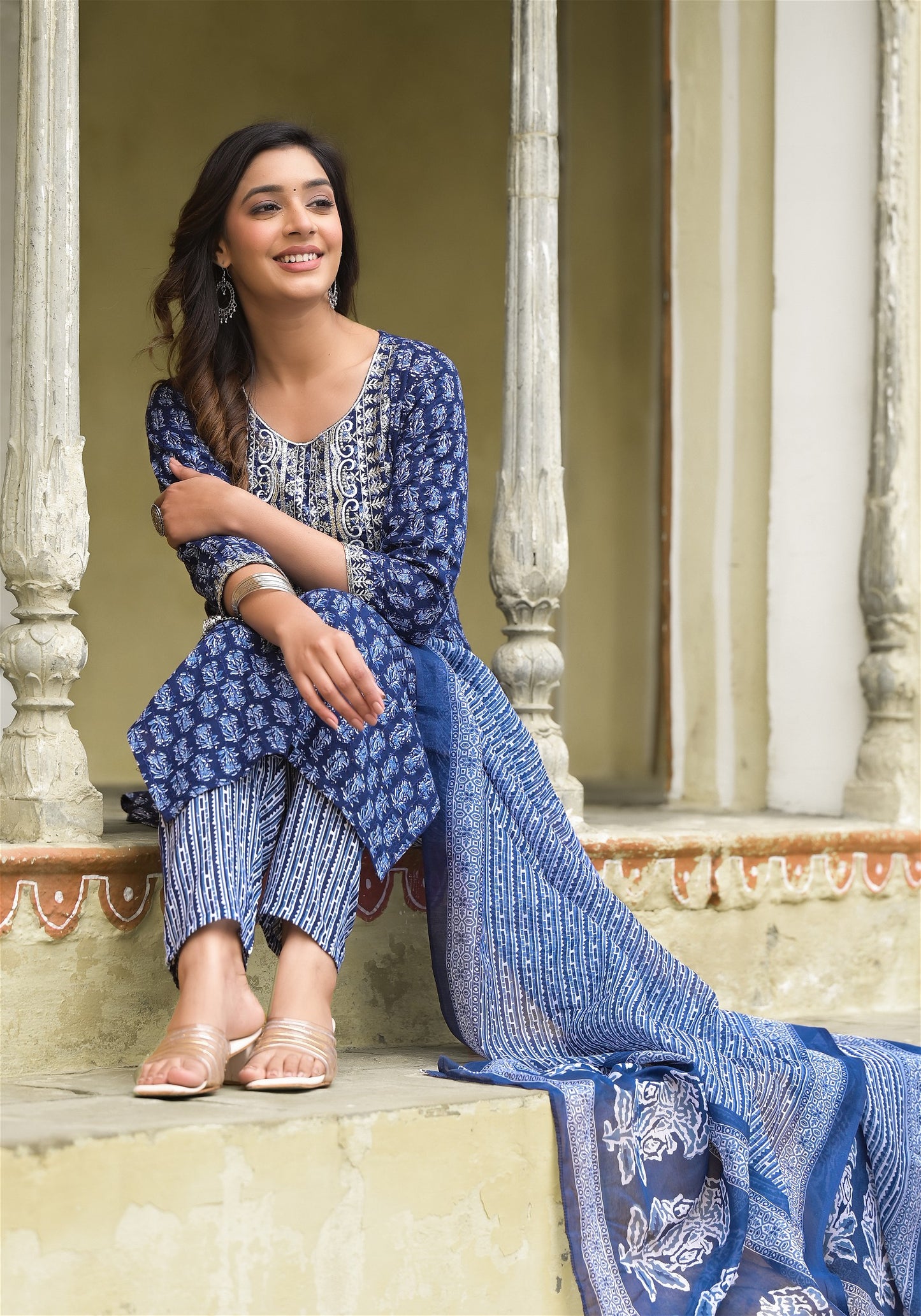 Simple and Designer Kurta set with Bottom and Dupatta in Blue Color