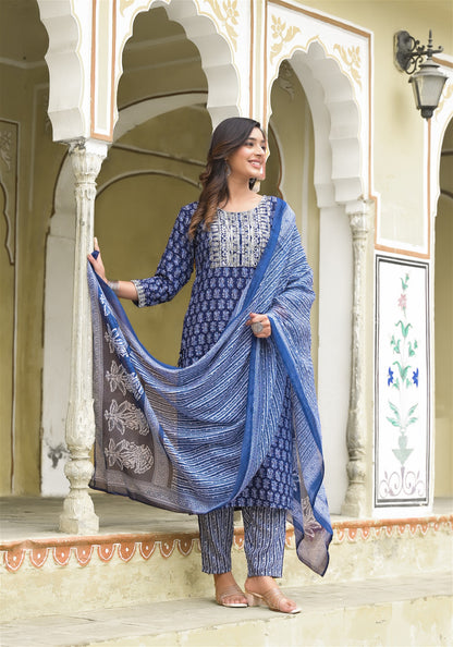 Simple and Designer Kurta set with Bottom and Dupatta in Blue Color