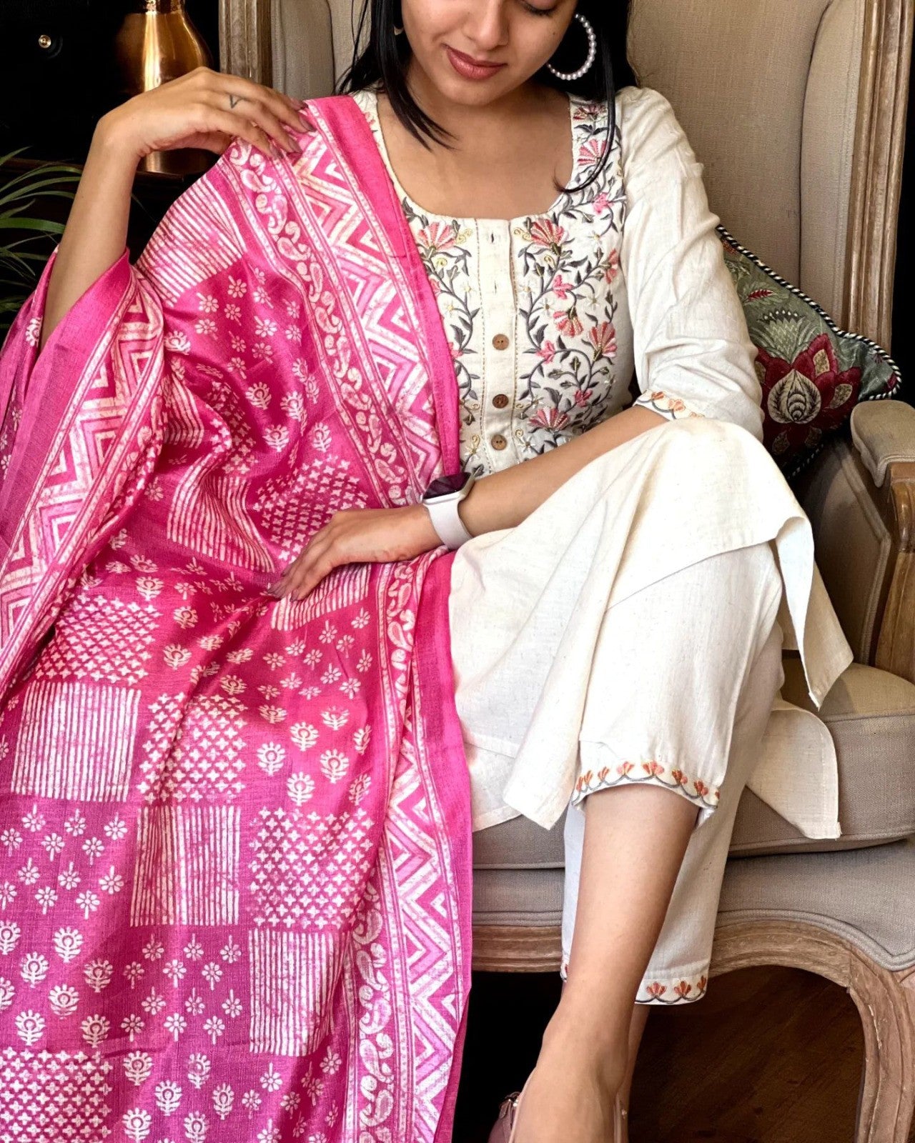 Off White Handloom Khadi Cotton Kurta Pant and Khadi Silk Dupatta Set For Women