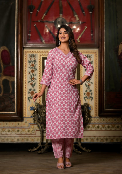 Baby Pink Printed Casual Wear Kurta Set with Bottom wear and Dupatta