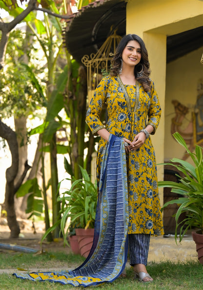 Simple Straight Kurta Set with Bottom Wear and Dupatta in Yellow Color