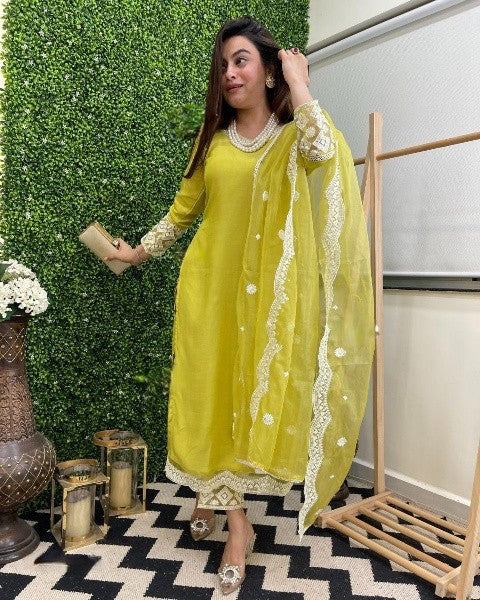 Women Embroidered Straight Kurta Set with Dupatta in Lime Color