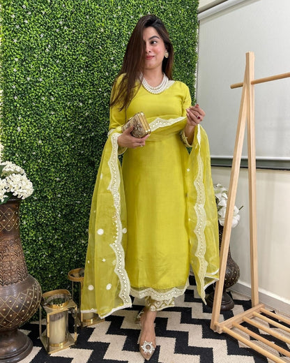 Women Embroidered Straight Kurta Set with Dupatta in Lime Color