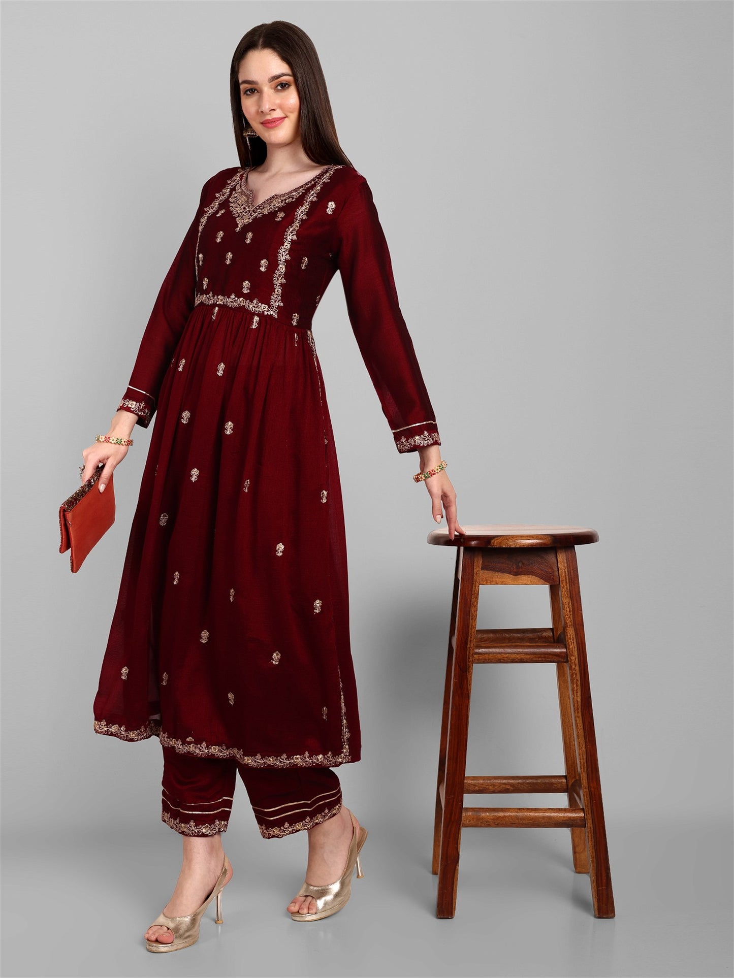 Women Embroidered Vichitra Silk kurta Pant set in Maroon Color