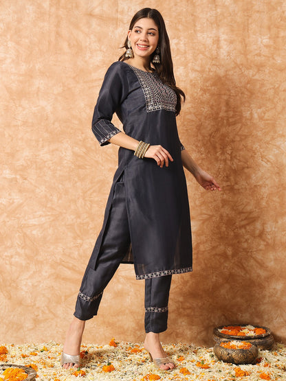 Designer Sequence Embroidery Work Chinon Kurta with Trousers & Dupatta