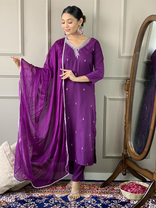 Rayon Sequence Worked Straight Kurta with Bottom and Dupatta Set