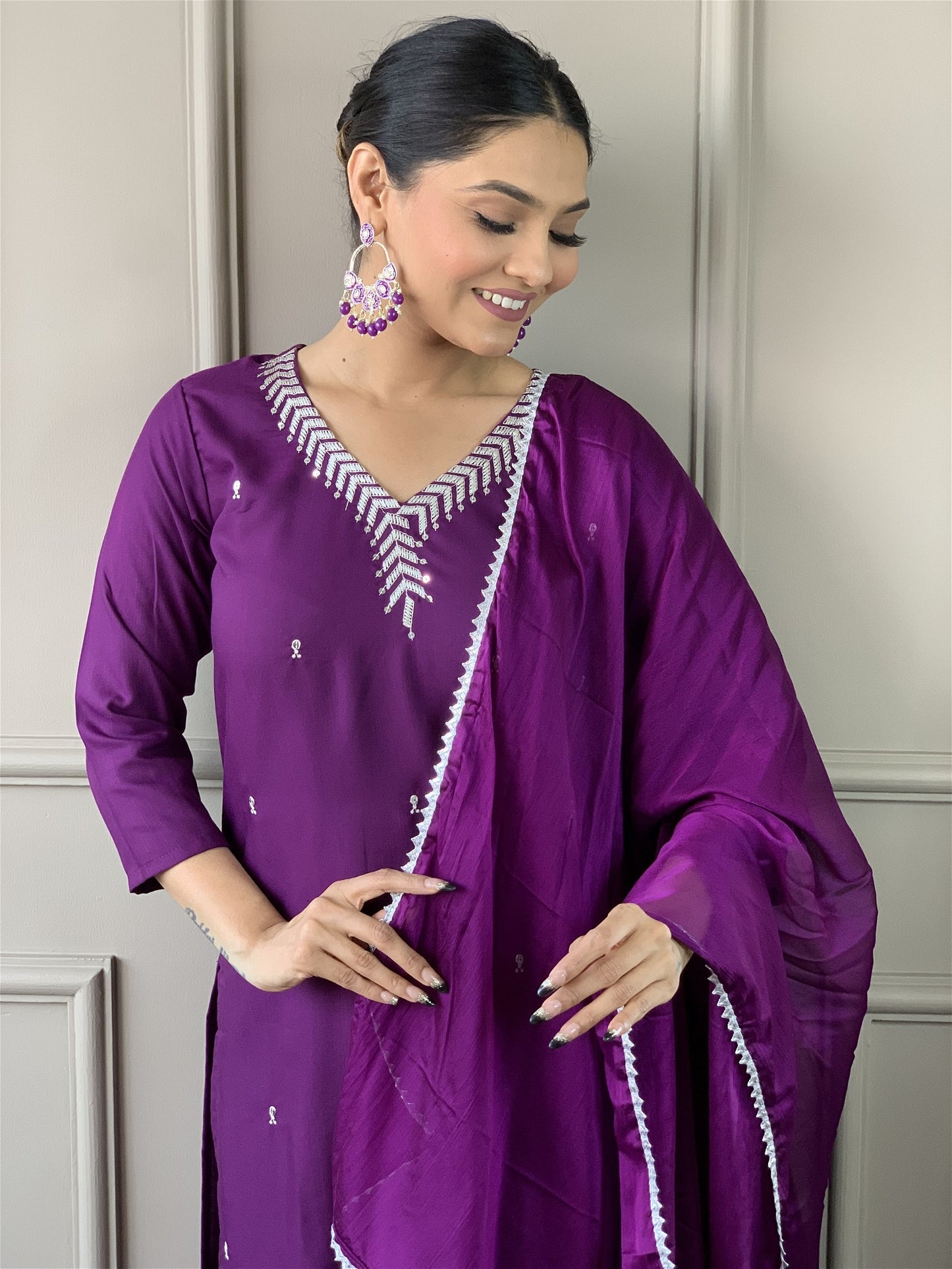 Rayon Sequence Worked Straight Kurta with Bottom and Dupatta Set