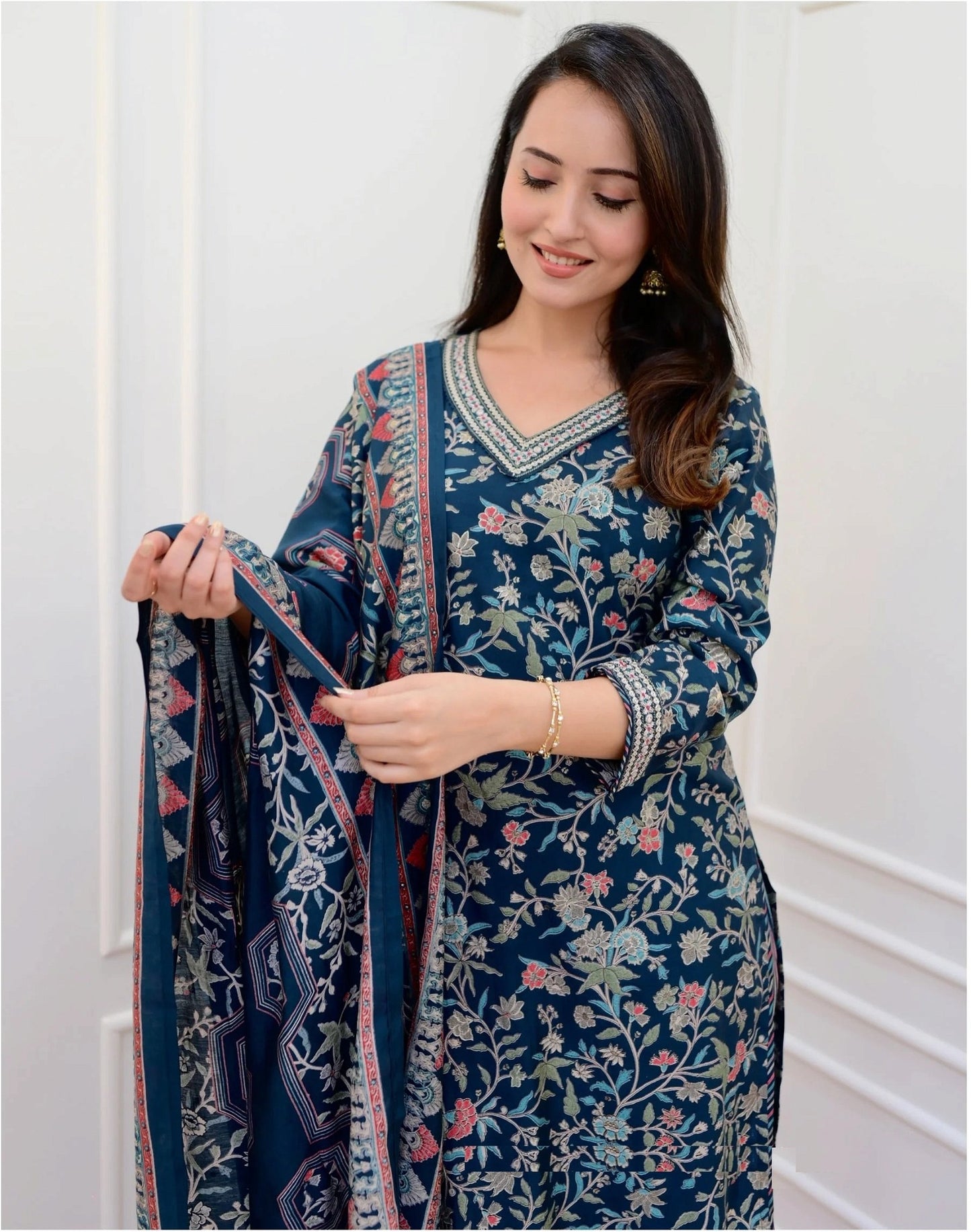 Peacock Blue Floral Rayon Afghani Suit for women