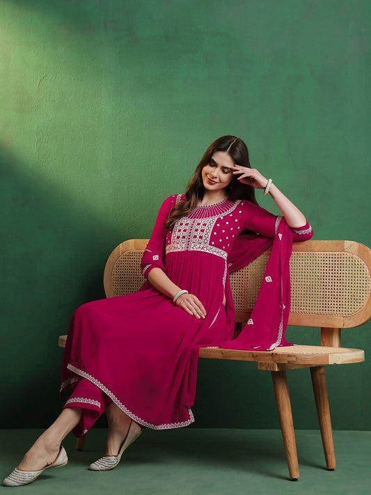 Georgette Embroidary Print Kurti With Pant and Dupatta