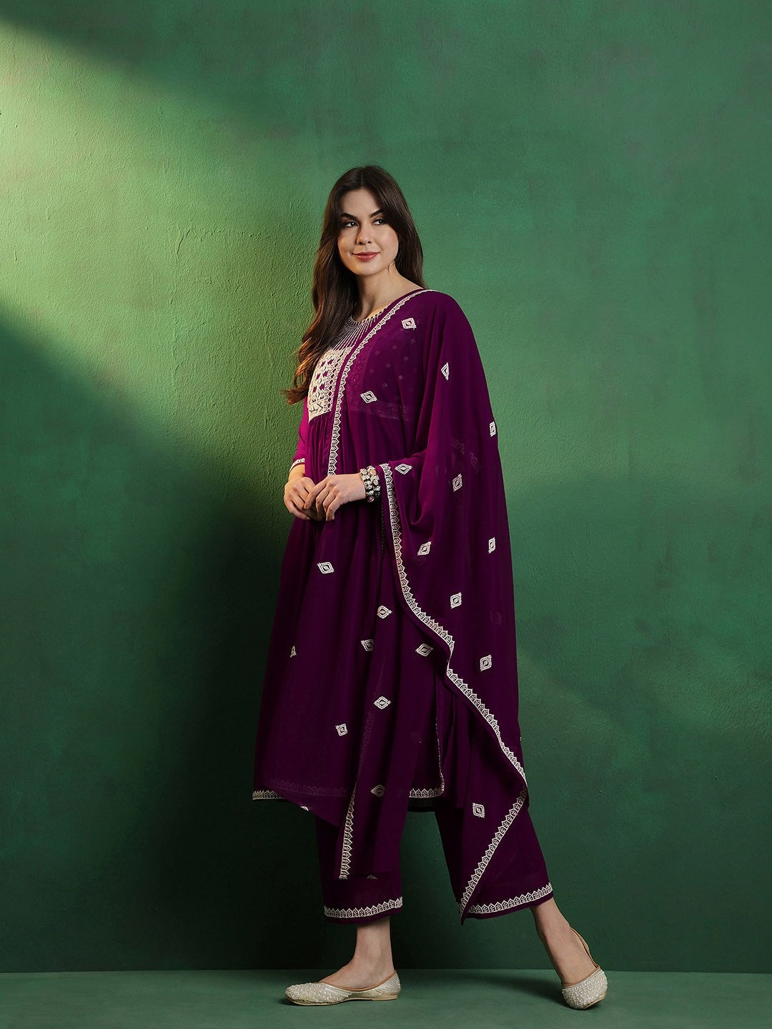 Georgette Embroidery Print Kurti With Pant and Dupatta In Wine Colour