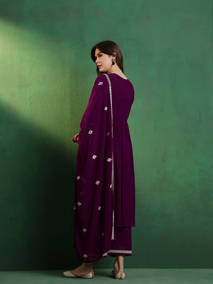 Georgette Embroidery Print Kurti With Pant and Dupatta In Wine Colour