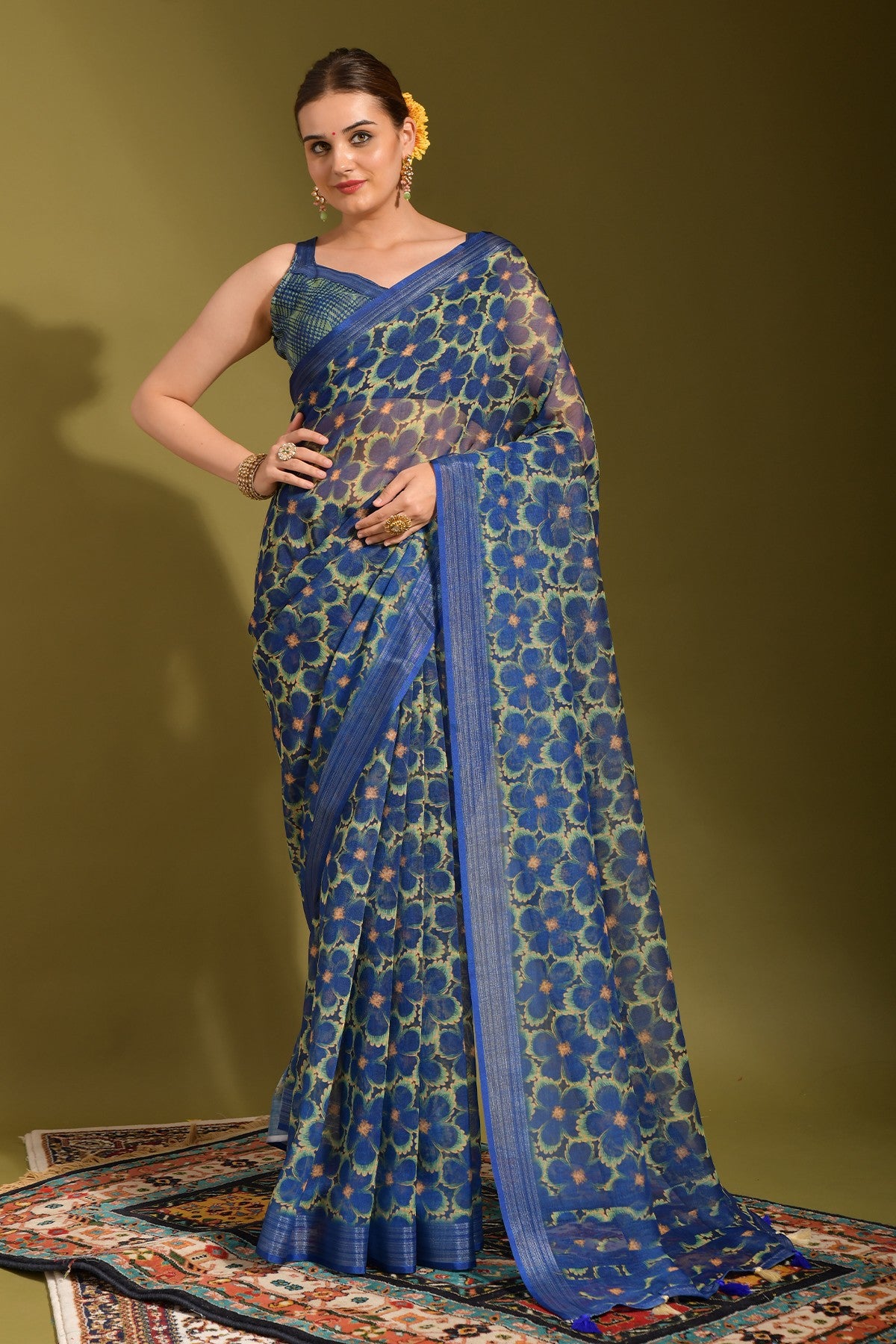 Designer Saree With All Over Digital Print Zari Patta Borders