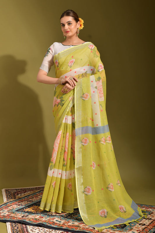 Designer Saree With All Over Digital Print Zari Patta