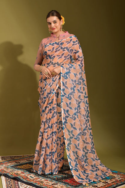 Beautiful Designer Saree With All Over Digital Print Zari Patta Borders