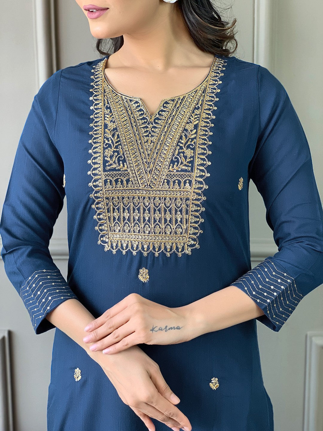 Women Embroidered Rayon Slub Straight Kurta With Pant Dupatta Set