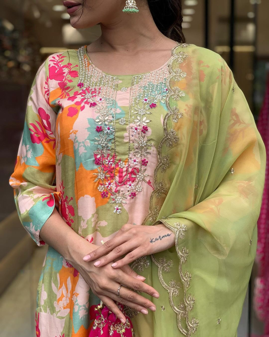 Party Wear Floral Printed Women's Embroidery  Kurta With Bottom And Beautiful Dupatta Set