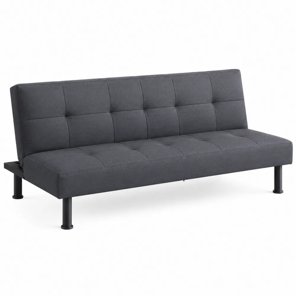 Divano letto 3 posti in tessuto grigio scuro con schienale reclinabile trapuntato e gambe in metallo nero 190 cm x 85 cm x 82 cm