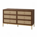 Cassettiera 120 x 40 x 78 cm con 6 cassetti frontali in rattan struttura in MDF e pannello truciolare finitura noce gambe in metallo dorato