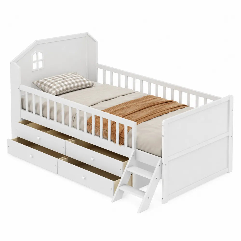Letto singolo rialzato per bambini 90 x 200 cm con scala 4 cassetti e sponde in legno di pino e MDF bianco