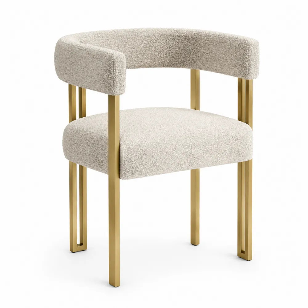 Sedia da pranzo imbottita con braccioli struttura in metallo verniciato oro rivestimento tessuto bouclé beige